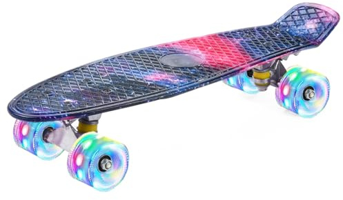 ERNAN Skateboard Komplette 22 Zoll Mini Cruiser Skateboard für Kinder Mit LED Leuchtrollen Skate Board Für Erwachsene Kinder Jungen Anfänger (Starry Sky)