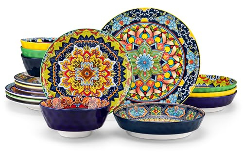 vancasso KRVI Dinner Set 16-pc for 4 People, Porcelain Dinnerware Sets | Bohemian Style Plates and Bowls Set, Scratch Resistant Dinner Service Set, Microwave and Dishwasher Safe