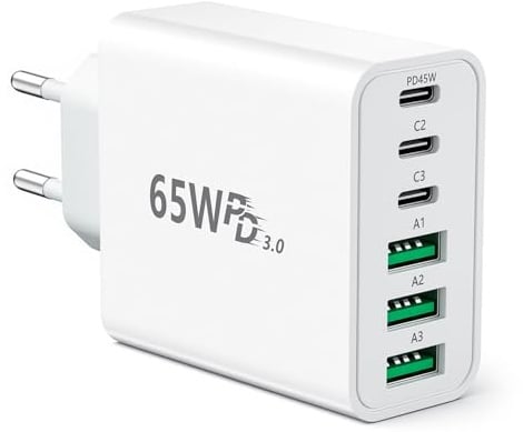 USB C Ladegerät 65W, 6 Ports Mehrfach USB Stecker, Ladesteck Power Adapter | USBC Netzteil Wand-Ladegerät Steckdose, 65W Schnellladegerät kompatibel mit iPhone 17/16/15/14/iPad/Galaxy/Tablets/Handys