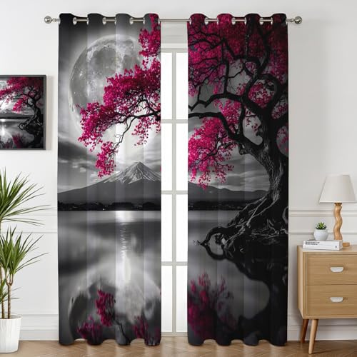 Havenix Kirschblüten Baum Vorhänge Blickdicht Gardinen mit ösen Mond See Fuji Motiv Vorhang 200 cm Lang Verdunklungsvorhänge für Schlafzimmer Wohnzimmer Fenster Thermovorhang Kälteschutz 2er Set