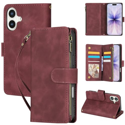 Vicloon Coque pour iPhone 17, Étui Portefeuille Cover en Cuir PU Wallet avec 6 Porte Cartes, Support Intégré, Cordon, Fermeture Magnétique, pour iPhone 17 (6,3 Pouces, 2025)-Rouge Vin