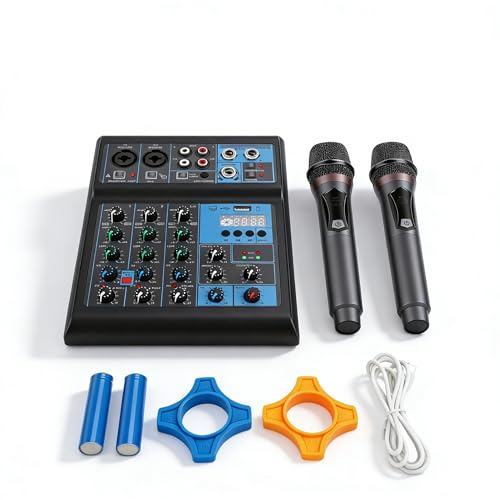 LICAEVEY Mixer Audio a 4 Canali per Karaoke, Feste, DJ, Streaming Live, Mixer Audio Professionale con USB BT e 2 Microfoni Wireless UHF