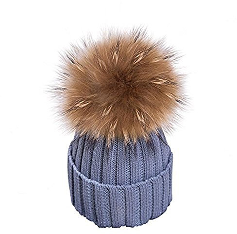 feifanshop Warm Mütze Pelz Bommel Echtpelz Waschbär Ski-Mütze Fellbommel Pelzbommel Raccoon (grau)