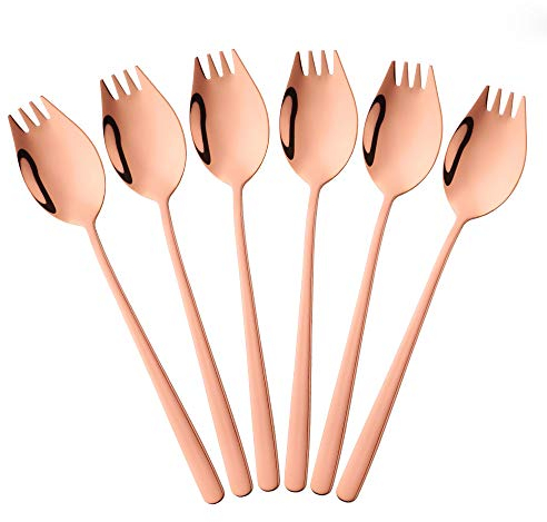 Bisda Acciaio Inox Posate da Insalata, 6 Pezzi 2 in 1 Spork Multifunzione (Cucchiaio e Forchetta), Rosa d'oro Pasta Forchette di Granchio Forchette da Tavola, igienico e Lavabile in Lavastoviglie