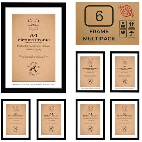 A4 Black Picture Frames Black, Pack of 6 Photo Frames, Certificate Frames, Freestanding and Wall Hanging