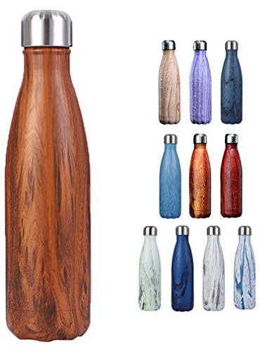 JK Home 500ml Bouteille d'eau Isothermes Gourdes Acier Inoxydable Extérieur Fitness Bois Brun