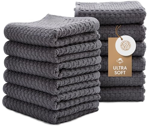 Confezione da 12 asciugamani da cucina in cotone, tessuto a nido d'ape per ricamo, in spugna assorbente, per lavare le mani e asciugare i piatti, 38 x 66 cm, grigio