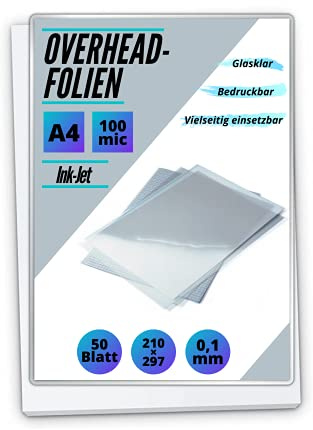 50 OHP-Folien Inkjet DIN A4 transparent - für Tintenstrahldrucker - PREMIUM Overheadfolien für beste Druck- und Projektions-Qualität