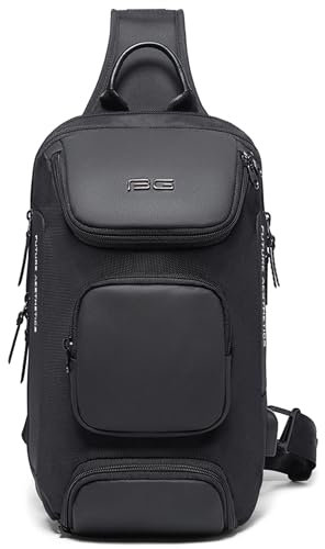 VARLIVOO Mode Herren Sling Bag USB Port Umhängetaschen Crossbody Bag Anti Diebstahl Schultertasche Hiking Wasserdicht Polyester Sling Rucksack Schwarz