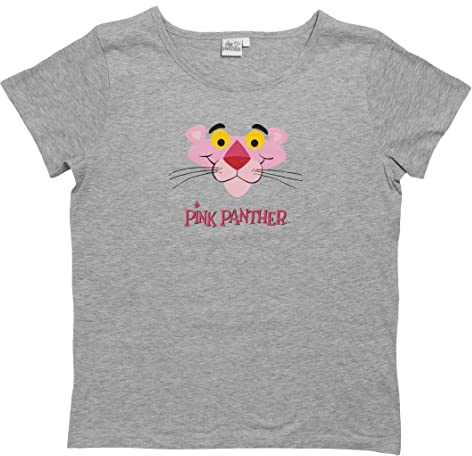 Pink Panther T-Shirt für Damen Oberteil Frauen Shirt kurzärmlig Rundhalsausschnitt Top Grau