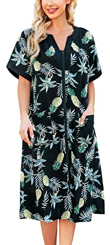 YOZLY Hauskleider für Damen, Reißverschluss vorne, leichter Staubmantel mit Taschen, Ananas, X-Groß