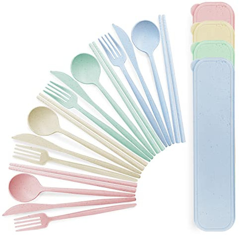 TWUTGAYW Camping Cutlery for 4, Cutlery Travel Set with Case, Multicolor Reusable Plastic Cutlery Include Spoon Fork Knife Chopstick for Camping Picnic Office School Daily Use