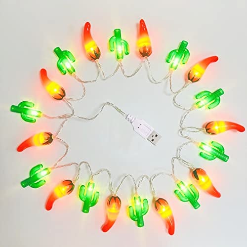 Riaxuebiy Red Chili String Light 3M 20 LEDs Pepper Cactus Fairy Lights Decorative Night Light USB Powered for Bedroom Wedding Party Christmas Festival Tree Decoration (USB-2 Modes, Chilli+Cactus)