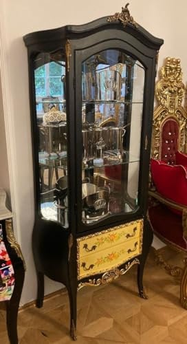 Casa Padrino Barock Vitrine Schwarz/Mehrfarbig/Gold/Messing - Handgefertigter Massivholz Vitrinenschrank mit Glastür und 2 Schubladen - Barock Möbel