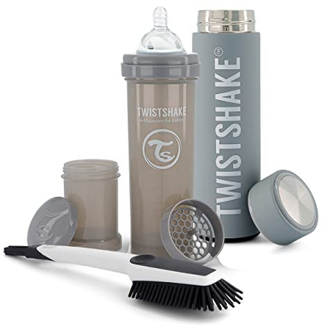 Twistshake Outdoor Babynahrungsset - 3-teilig | 1x Anti-Kolik-Flasche mit Milchpulverbehälter - 1x Heiß- oder Kalt-Thermosflasche - 1x Flaschenreinigungsbürste | 6+ Monate | BPA-freie | Grau