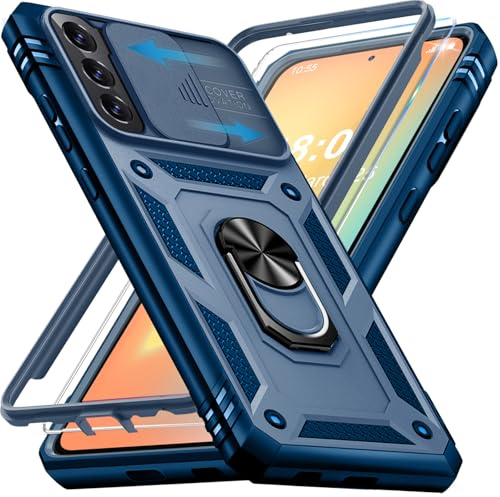 Giyer Handyhülle für Samsung Galaxy S21 5G Hülle mit Schutzfolie, Galaxy S21 5G Schutzhülle mit Kameraschutz 360° Drehbarer Metall Ring Ständer Stoßfest Bumper S21 5G 6.2 Case Cover (Blau)