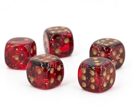W6 Würfel (16mm) in blutrot/Golde Punkte - Made in Germany - WeLoveBeads - 5 Stück