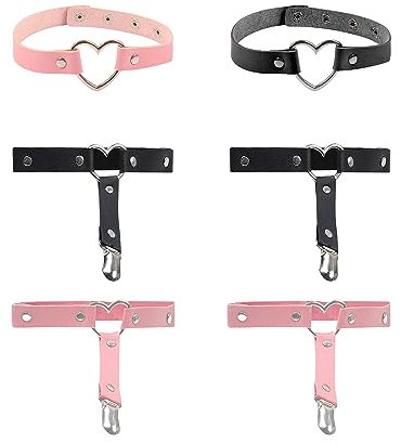ATBUSS Lot de 4 jarretières de Cuisse en Cuir Punk avec 2 Colliers Punk, chaînes de Jambe réglables, jarretières Punk en cœur, Colliers Gothiques en Cuir pour Femmes, Filles (Noir, Rose)
