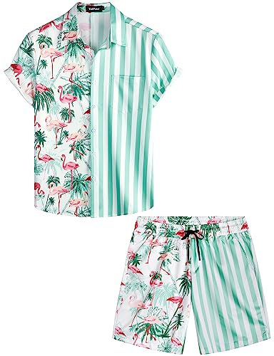 VATPAVE Herren Flamingo Hawaii 2 Teiliges Sets Kurzarm Freizeithemden Strand Outfits Mittel Kokosnuss Flamingo