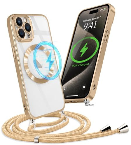 Micoden Magnetische Handykette für iPhone 15 Pro Max mit Band [Kompatibel mit MagSafe] Kameraschutz Galvanik Transparent Silikon Case Abnehmbar Kordel zum Umhängen Handyhülle Schutzhülle,Gold