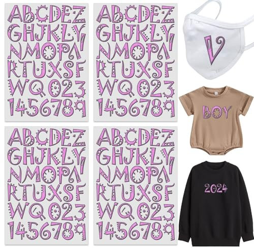 Yiootop 144 Piece Cute 1.8 Inch Iron On Heat Transfer Letters and Numbers Alphabets Fabric Vinyl DIY for Sport Jerseys T Shirts Clothes Slogan Printing Crafts Decoration (4 Sheets per Set) (Color 4)