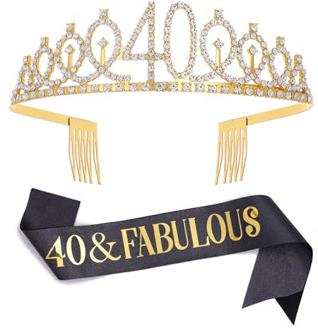 Dimetey Schwarz Gold '40 & Fabulous' Schärpe & Strass Tiara Set für Frauen zum 40. Geburtstag, Large, Metall, Konglomerat