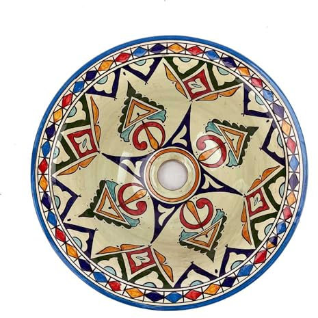 ARTIGIANATO VULCANO Lavabo marroquí pintado a mano de cerámica diám. 35 x 15 cm de altura, para baño, terraza y jardín