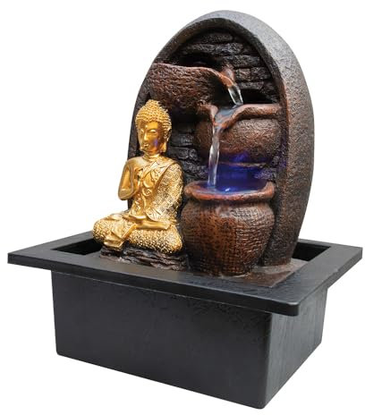 Well Being Golden Buddha Indoor Water Fountain with Illuminated Cascading Bowls