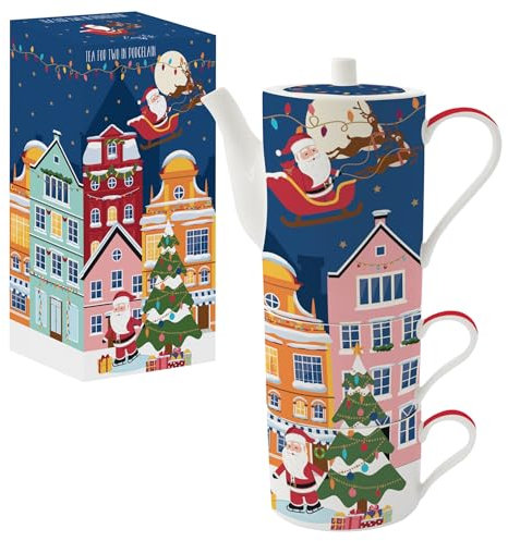 Easy Life Teekanne 50 cl + 2 Frühstückstassen, 240 ml, stapelbar, aus Porzellan Santa in Town