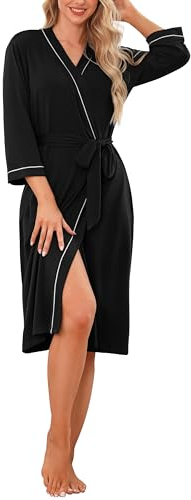 Wikoan Women's Dressing Gown, Lightweight Kimono Robe V Neck Long Bathrobe for Loungewear Sleepwear Nursing Pregnancy with Pockets,Black,XL