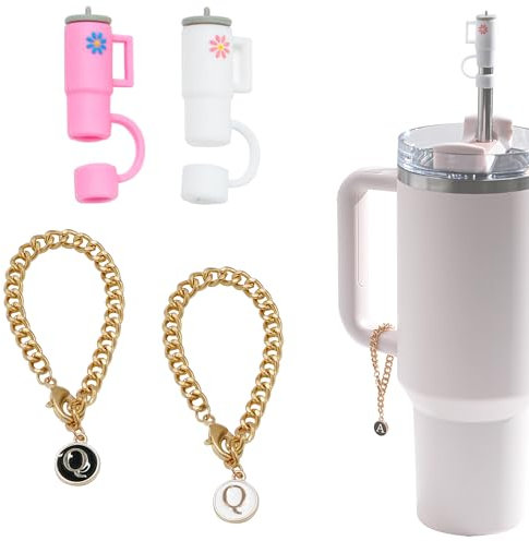 2 fundas para popote para taza Stanley, tapa protectora de silicona de 10 mm, 2 dijes personalizados con letra de identificación con nombre inicial para accesorios de vasos Stanley (letra Q)