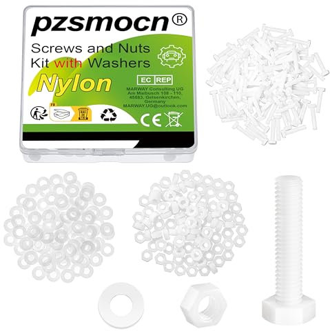 Pzsmocn 300 Stück/100 Sätze M4*20 mm Weißes Nylon Kunststoff Äußeres Sechseck Schrauben-Muttern-Kombinationsset mit Isolierscheibe, Standardgröße für Heimwerker und Elektronische Montage.