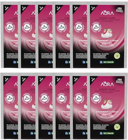 AURA | Pack 12 Ambientador Percha para Armario | Ecopack 100% Reciclable | Larga Duración 60 Días | 0% Alcohol (PACK 12, Fresa y Nata)