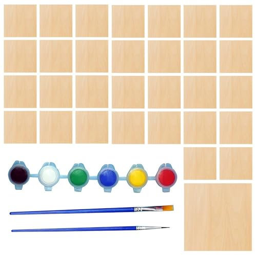 30 Stück Holzspäne, Kommt Mit 1 Stück 6-Farben-Farbset Und 2 Stück Pinsel, Holz Zum Malen, Quadratische Holzbretter, DIY-Heimdekoration, DIY-Kunsthandwerk, Malwerkzeuge