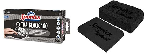 Spontex Bundle Extra Black Einmalhandschuhe aus Vinyl, Größe L, schwarz,100er Pack + Premium–Quellschwamm, schwarz, 3er Pack
