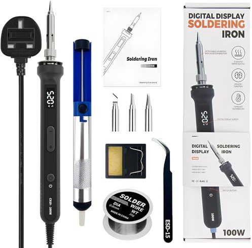 Treedix 100W Adjustable Temperature Soldering Iron with Digital Display, Mini Soldering Iron, Three Extra Solder Iron Tips, Tweezer, Solder Sucker, Solder Wire and Stand (UK Plug)