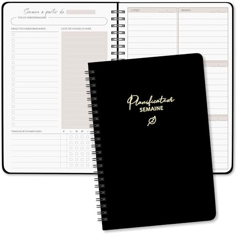 BIROYAL Agenda hebdomadaire non daté, Format A5, Français Noir | Planning hebdomadaire avec liste de tâches, Large zone de notes, 52 feuilles en français, Couverture rigide