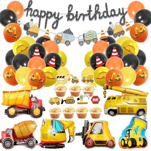 Kinder Bagger Geburtstag Deko Luftballons - 44 Stück Happy Birthday Banner Technisches Fahrzeug Zement Lkw Gabelstapler Bagger Für Dekoration Zum Kindergeburtstag Baustelle Thema Babyparty Dekor