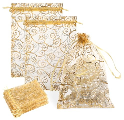 50 Stück Organzasäckchen 13x20 cm Gold Organzabeutel mit Kordelzug Geschenkbeutel Kleine Tüten für Süßigkeiten Schmuck Weihnachten