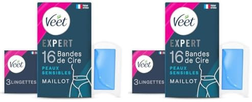 Veet EXPERT - 16 Bandes de Cire Froide Maillot - Peaux Sensibles - Finition Parfaite - Epilation Longue Durée (Lot de 2)