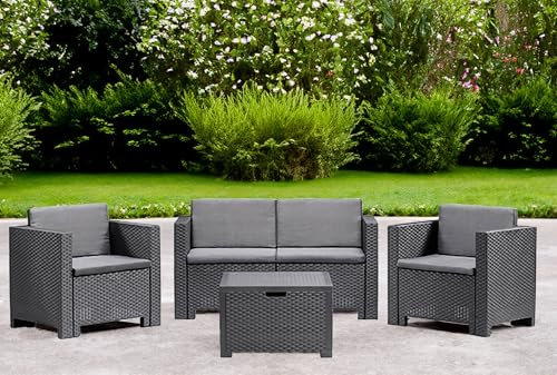 Dmora - Loungeset für draußen Kuiper, Outdoor-Lounge mit Couchtisch, Terrassenset mit Kissen, Gartenkomposition mit Sofa und Sesseln, Made in Italy, Anthrazit