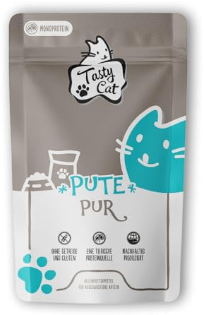 Tasty Cat Nassfutter für Katzen Pute pur 12 x 125g. | getreidefrei | zuckerfrei | Monoprotein