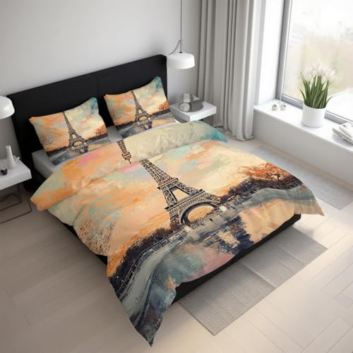 Generisch Eiffelturm Bettwäsche 135x200cm, Ölgemälde Stadtbild Paris Bettwäsche-Sets 2 Teilig, Bettbezug + 1 Kissenbezüge 80x80cm Weich Mikrofaser mit Reißverschluss 21D&-44