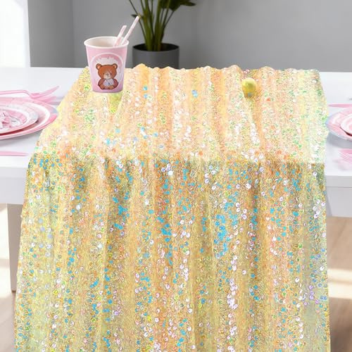 LUPATDY Tischläufer 63X300CM, Dekorative Tischbänder & Servietten, Meerjungfrau Pailletten Deko, Tischläufer Papier für Party Deko,Taufe, Kommunion, Konfirmation Hochzeit Deko, Champagnergold