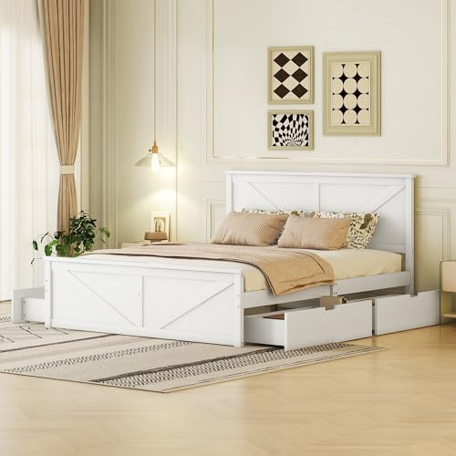 EINHOM Doppelbett 160x200 cm, Holzbett, Stauraumbett mit 4 Schubladen, Stabiler Bettrahmen, Modernes Bettgestell mit Stauraum, ästhetisch Ansprechend und Komfortabel, Weiß Ohne Matratze