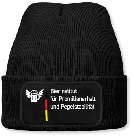 Bierinstitut – lustige Wintermütze | Beanie für Damen & Herren, warm, elastisch & Unisex, Strickmütze mit Patch & Druck, perfekt für Après-Ski, Weihnachtsmarkt, Fasching, Biermütze, Bierhut