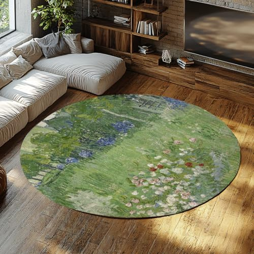 WEECHAINGE Maschinenrunder waschbarer Teppich 240cm impressionistischer Garten Blumenwiese Wohn und Schlafzimmerkreis Weiche kurzflorige Esszimmerteppiche rutschfeste grüne Salbei olivblau