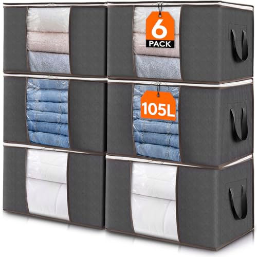 Lifewit 105L Clothes Storage Bags Large Storage Box With Lid Packing Boxes for Moving House With Reinforced Handle Thick Fabric Clear Window for Clothes Duvet Blankets Bedding, 6 Pack, Grey