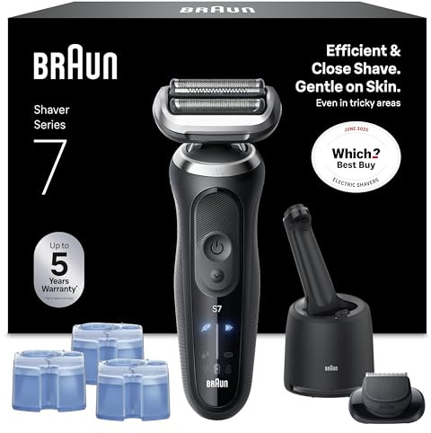 Braun Series 7 Electric Shaver for Men Bundle with 4-in-1 SmartCare Cleaning Center & 2 Shaver Care Refill Cartridges, Cordless Electric Razor, Model 72-N7200cce Gold