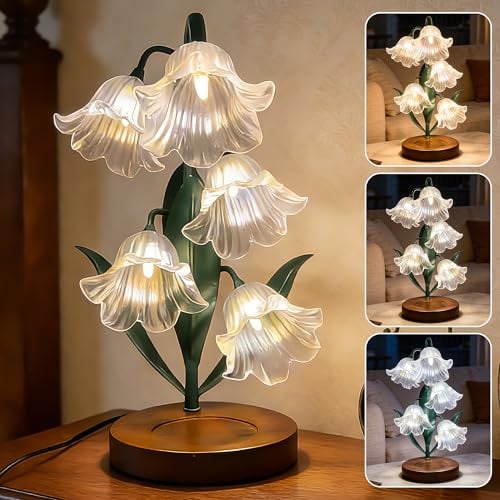 Blume Tischlampe, 5 Lilien Nachttischlampe, Vintage Grüne Blume Tischlampen, 3 Farbmodi Leselampe LED-Lampe Nachttischlampe Tischlampe für Wohnzimmer, Büro, Schlafzimmer, Wohnkultur (Dunkelgrün)